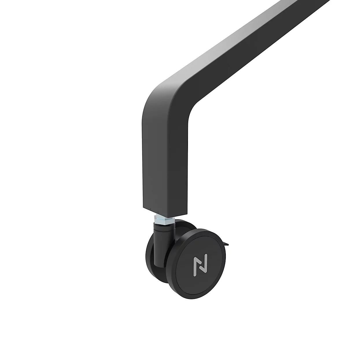 Support TV noir roulant avec support et étagère sur fond blanc.