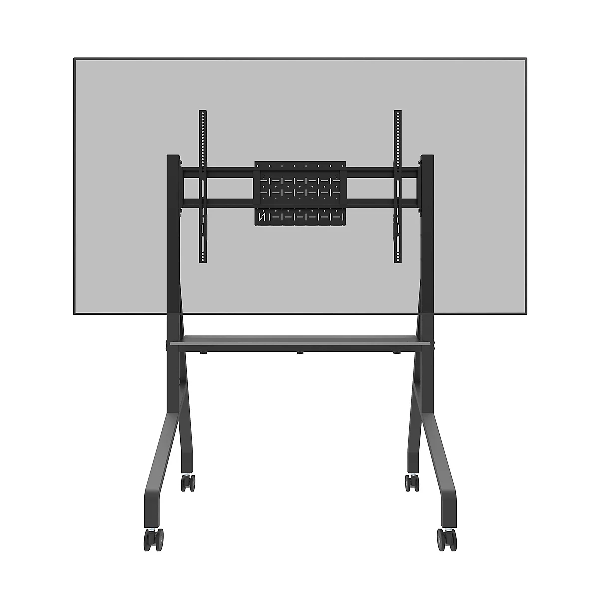 Un écran gris sur un support roulant noir. Le support est équipé d'une étagère horizontale et de quatre roulettes.