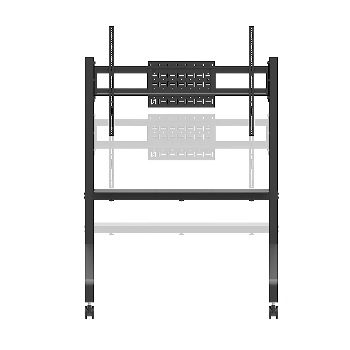 Un écran noir sur un support roulant gris. Le support a une étagère et est équipé de quatre roulettes.