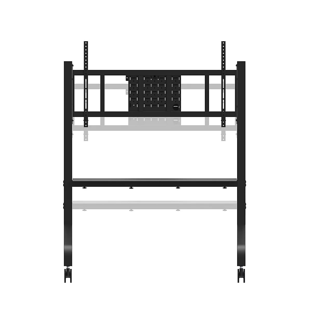Présentoir noir avec barres métalliques horizontales et verticales. Des supports pour un écran sont fixés en haut.