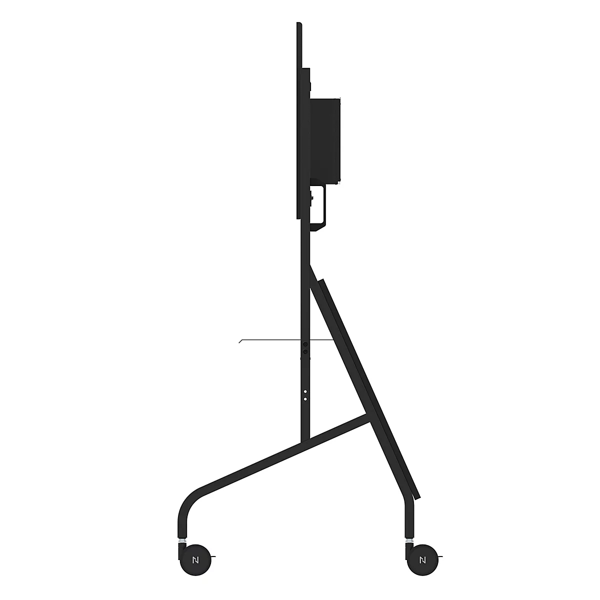 Support TV noir avec roulettes. Il possède un cadre noir avec un support pour le téléviseur et une étagère.
