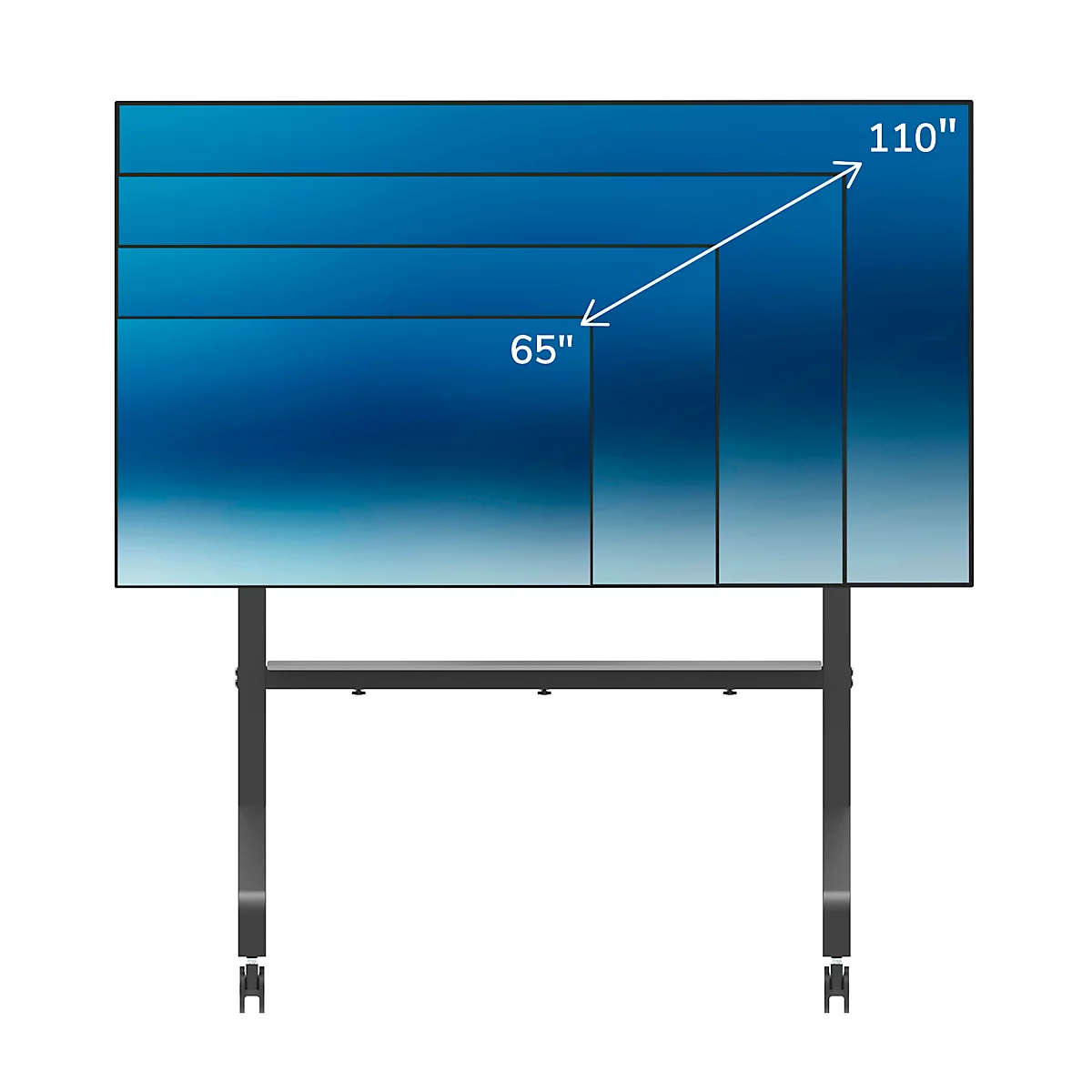 Moniteur noir avec support roulant, vue arrière. Il y a une étagère sur le support.