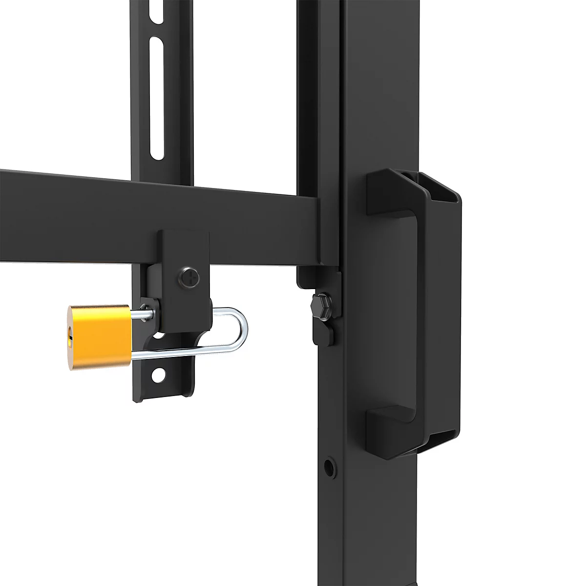 Support TV noir avec structure métallique. Il comporte un support pour la télévision et une étagère.