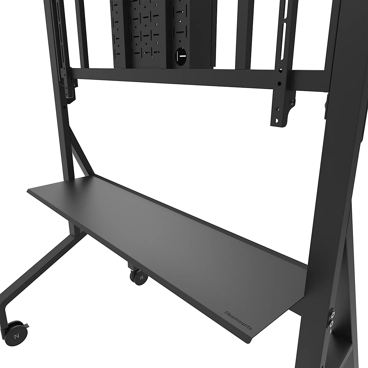 Support de présentation noir sur roulettes. Il comporte un support pour un écran et une étagère.