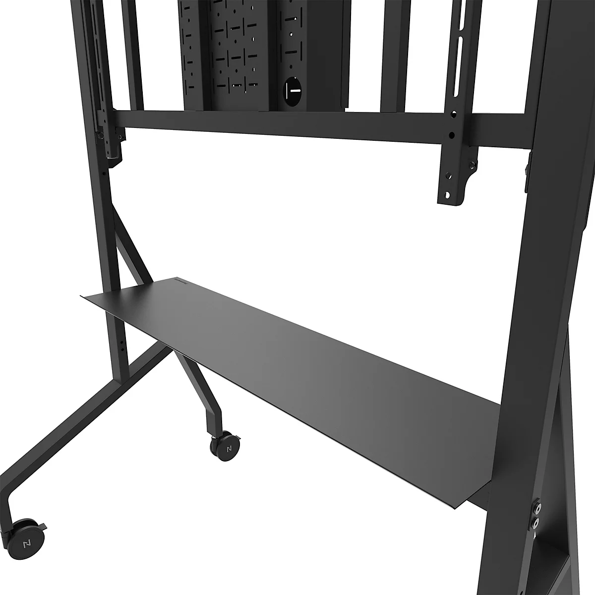 Meuble TV noir avec supports, étagère et pieds réglables en hauteur.