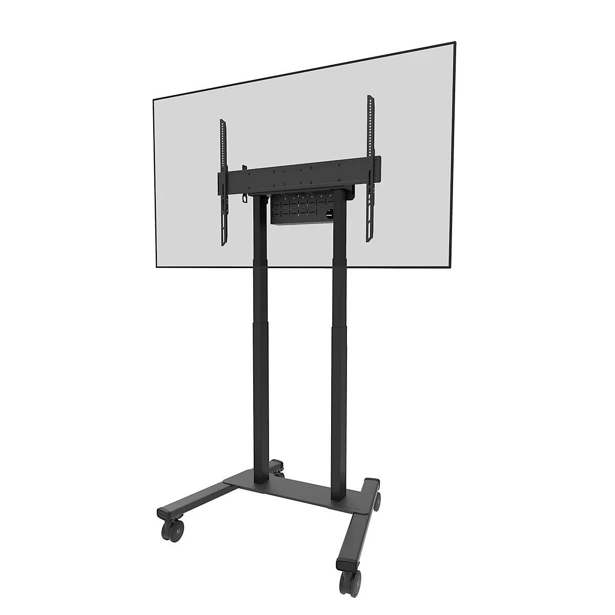 Un support TV mobile noir avec roues, écran plat monté. Fond gris.