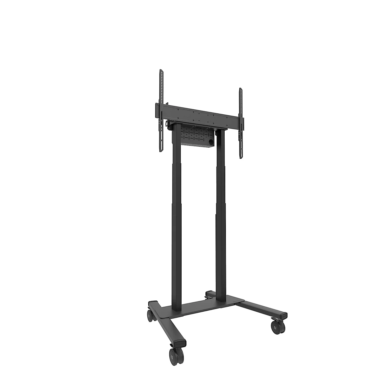 Support de présentation mobile noir avec support réglable en hauteur pour un écran sur roulettes.