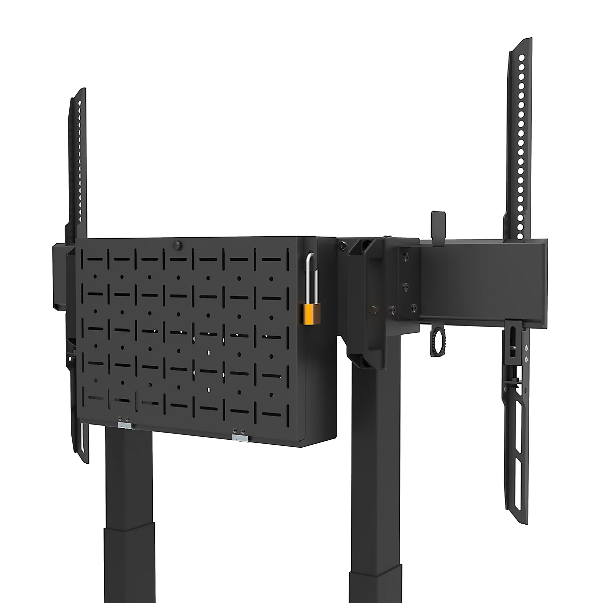 Support TV noir avec serrure, détails reconnaissables. Ouvertures de ventilation rectangulaires. Cadenas jaune.