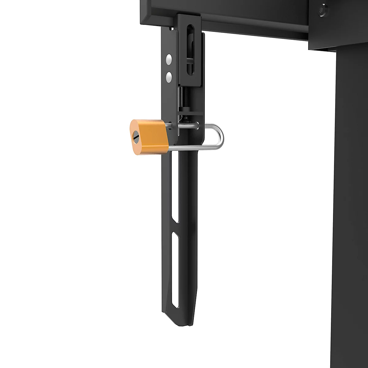Gros plan d'un support métallique noir avec un cadenas orange. En dessous, une barre métallique avec des découpes.