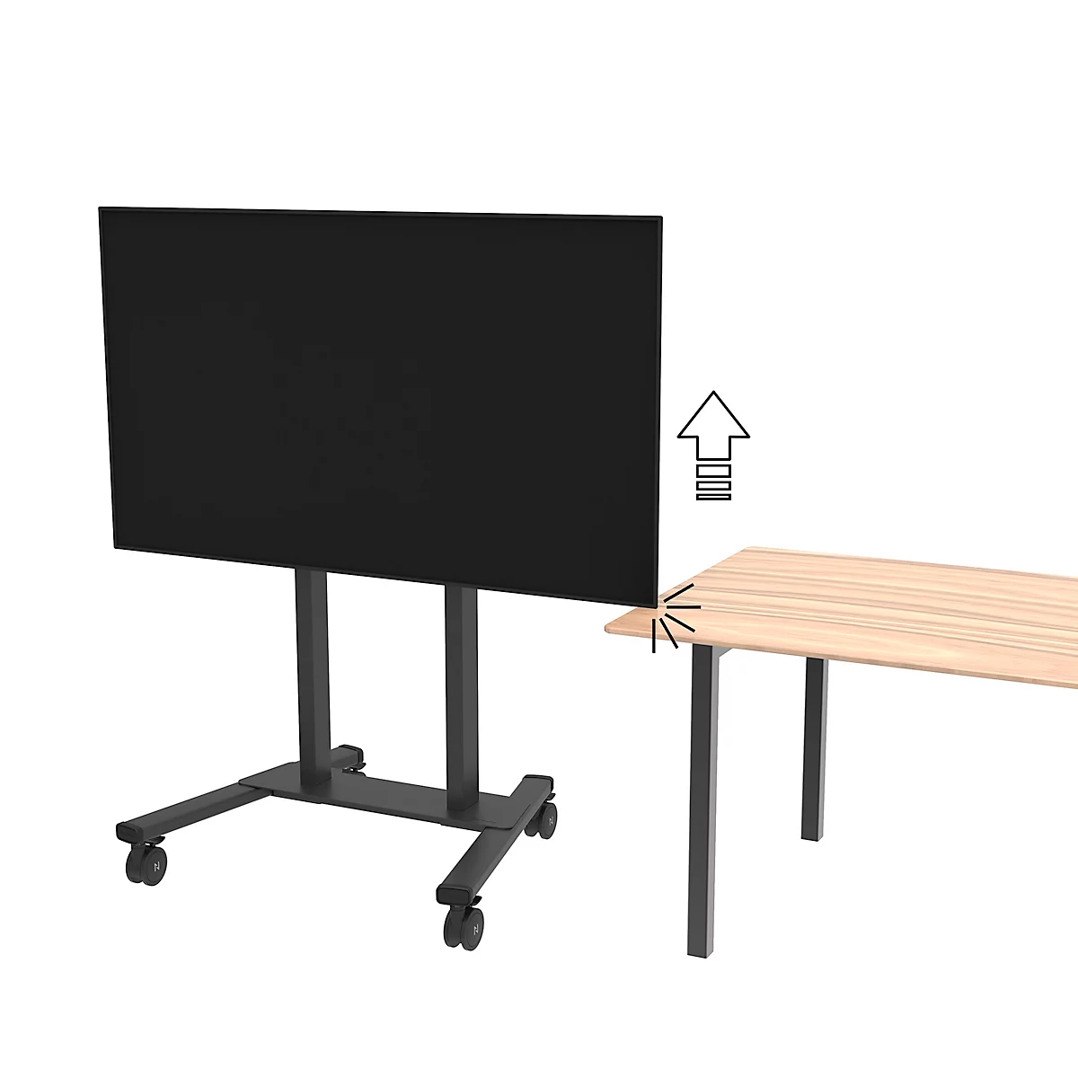 Un écran noir sur un support mobile à côté d'une table. La flèche vers le haut indique le réglage.