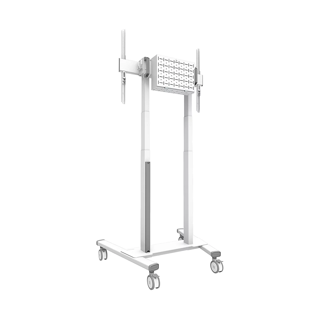 Chariot de présentation blanc mobile avec support d'écran, sur roulettes.