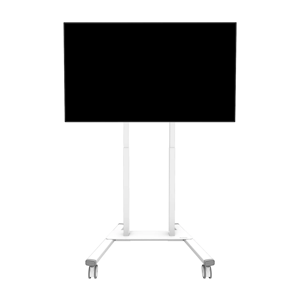 Un écran noir sur un support roulant blanc. Le support a deux colonnes verticales et une base avec des roues.