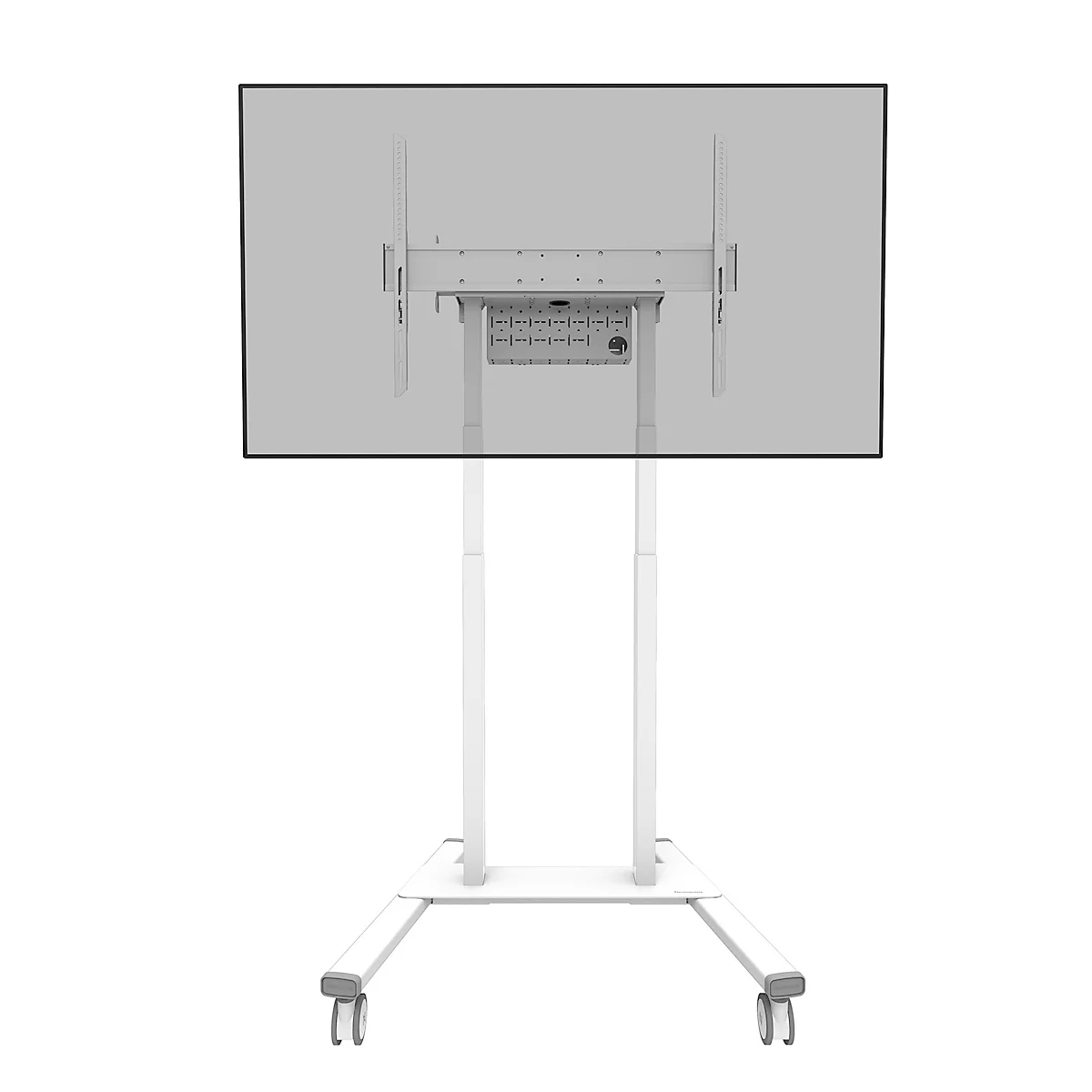Vue arrière d'un support TV blanc à roulettes avec écran.