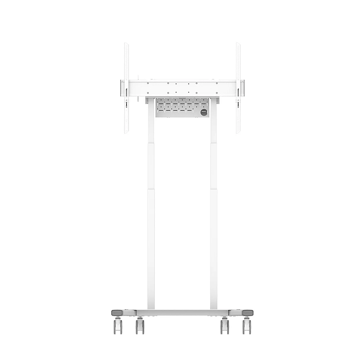 Un support TV mobile blanc sur lequel un écran peut être monté. Il repose sur des roulettes.