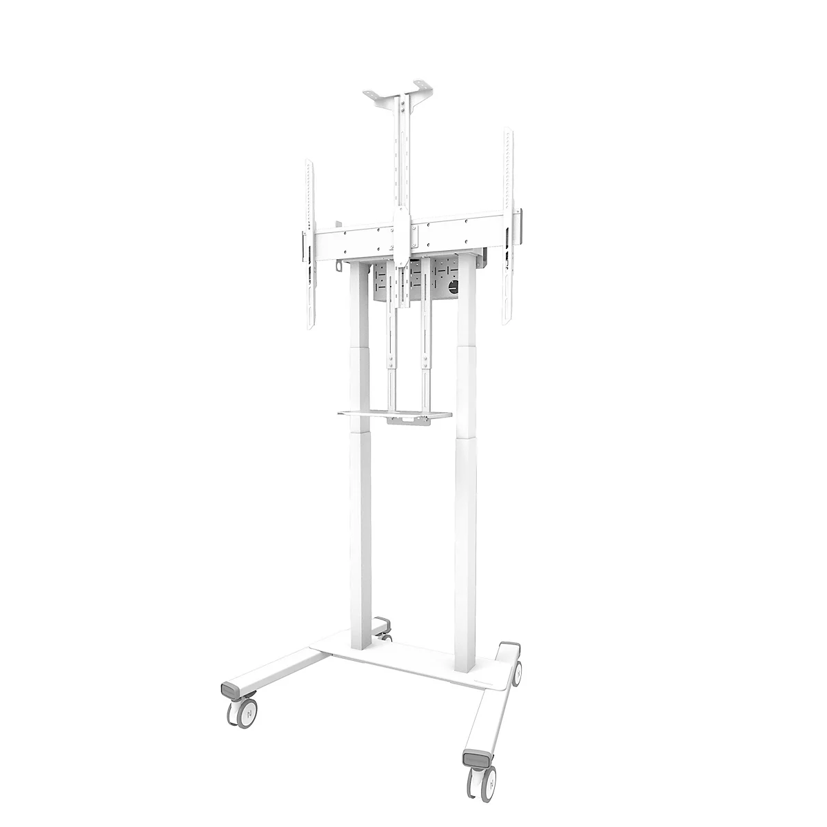 Un support TV mobile blanc avec quatre roues. La construction supporte deux écrans.