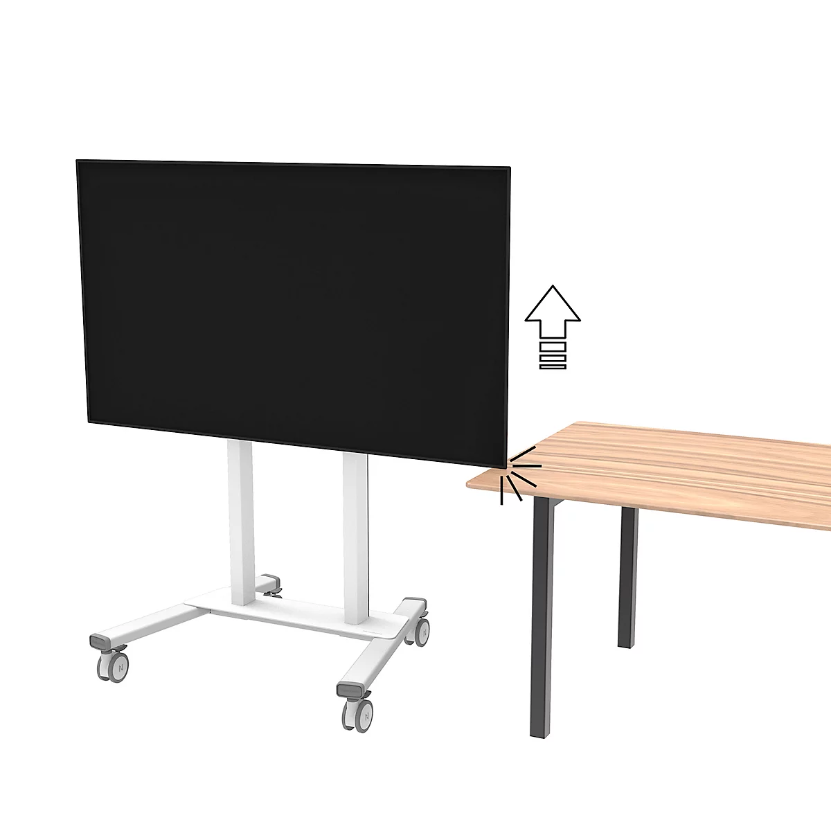 Un écran noir sur un support blanc à roulettes. A côté, une table en bois avec un pied noir. La flèche indique le mouvement de l'écran.