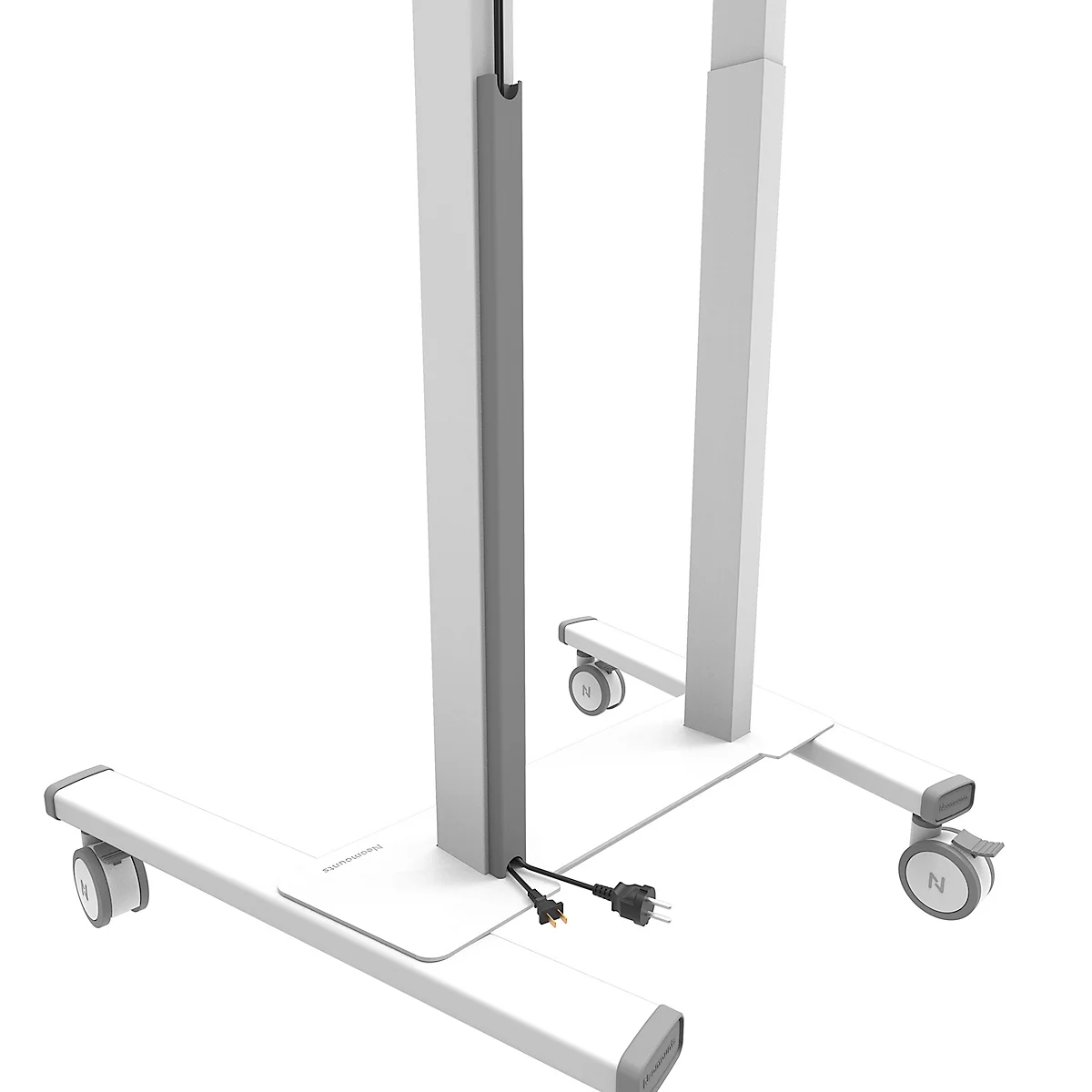 Support TV mobile en métal blanc. Sur roulettes, avec support réglable en hauteur.