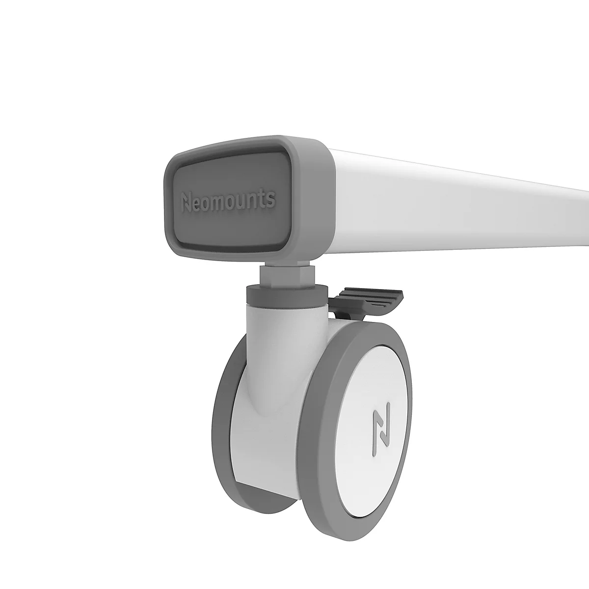 Support de moniteur gris avec le logo 'Neomounts' et des roues. Fond blanc.