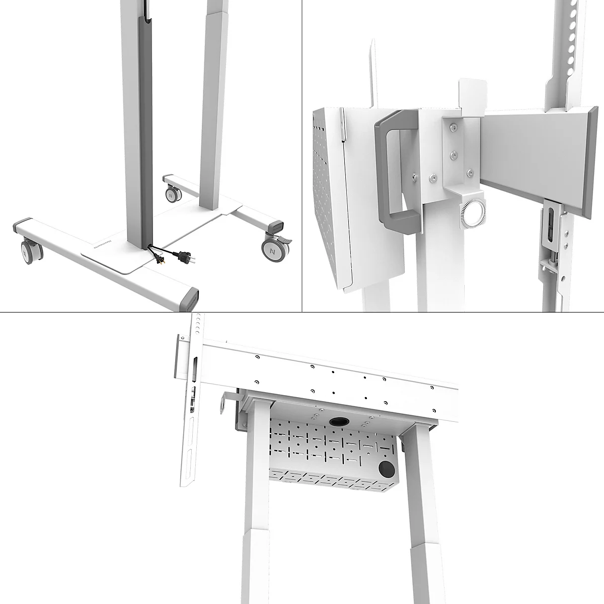 Trois vues différentes d'un support TV blanc à roulettes. Des gros plans montrent le support, la poignée et une multiprise.