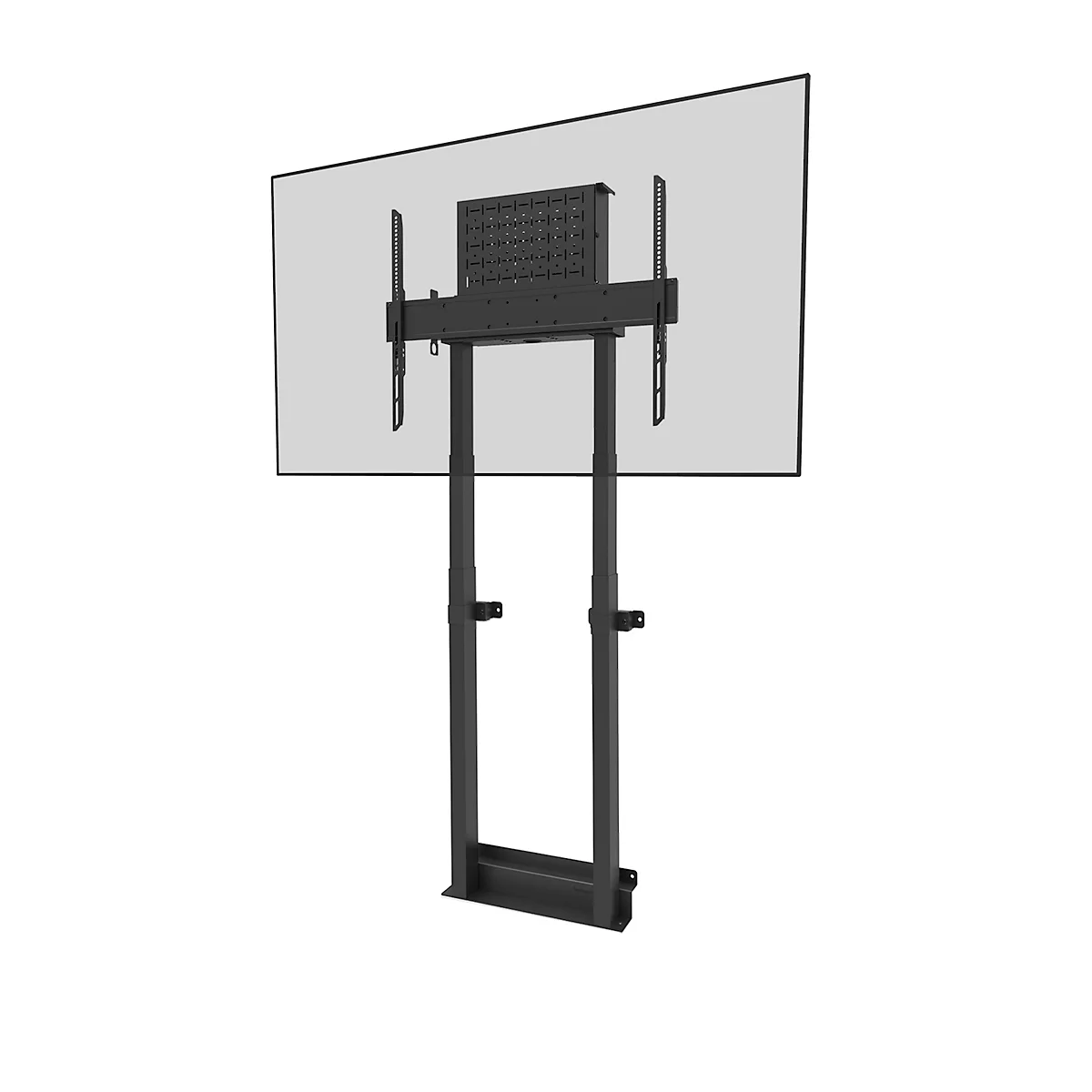 Support TV noir avec écran sur fond blanc. L'écran est maintenu par un support fixé à un pied réglable en hauteur.
