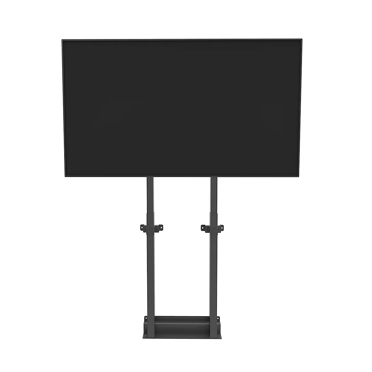 Écran noir sur pied. Deux colonnes avec supports réglables en hauteur. Base rectangulaire. Fond blanc.