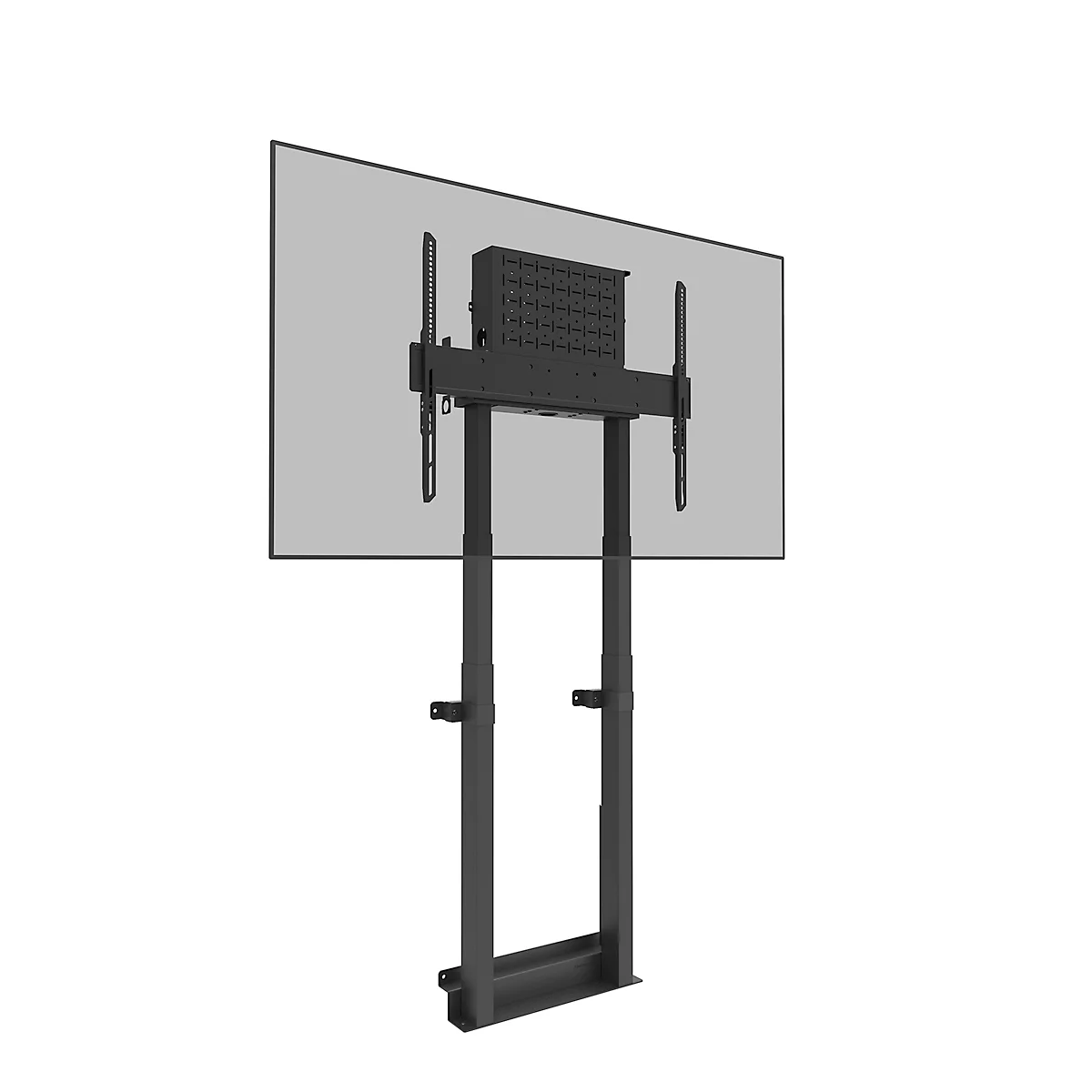 Téléviseur noir monté sur un support réglable en hauteur, sur fond blanc.