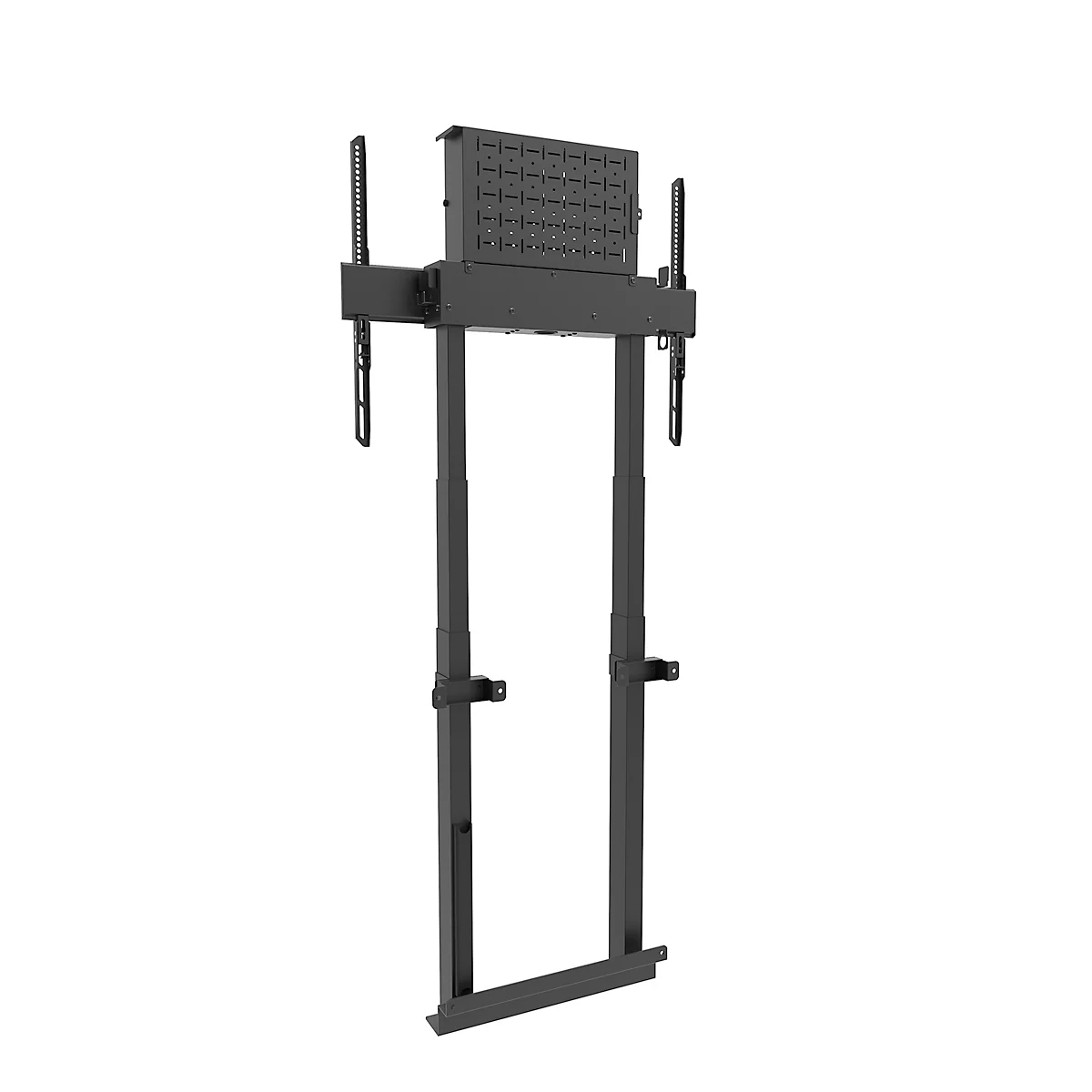 Support TV noir, réglable en hauteur, avec rails de montage et un boîtier rectangulaire.