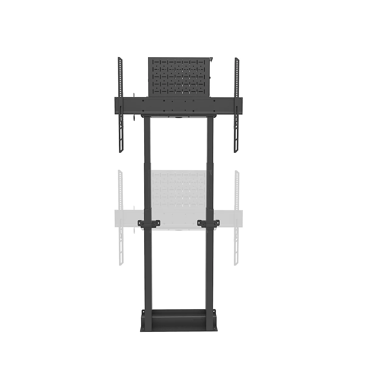 Support TV noir avec trous et cadenas. Détails des supports et d'une plaque perforée fixée sur un fond neutre.