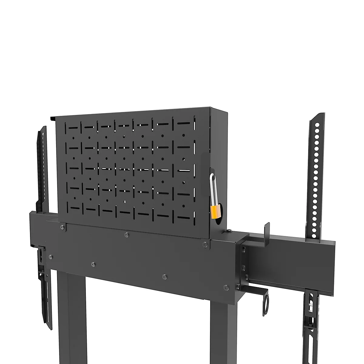Support TV noir avec un écran monté devant un fond blanc. Le support a deux colonnes et une base.