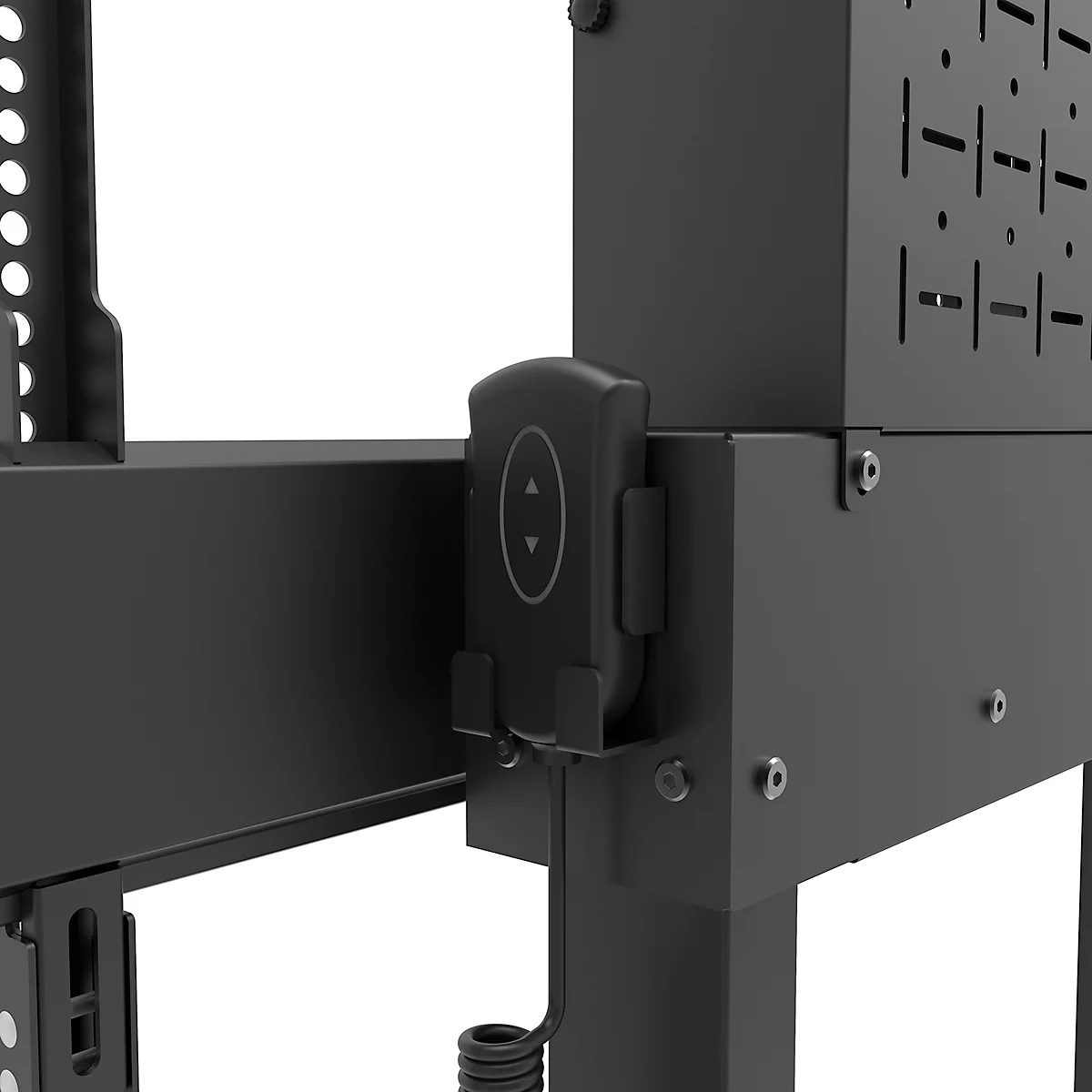 Vue détaillée d'une console noire. Un panneau de commande avec des boutons fléchés est visible.