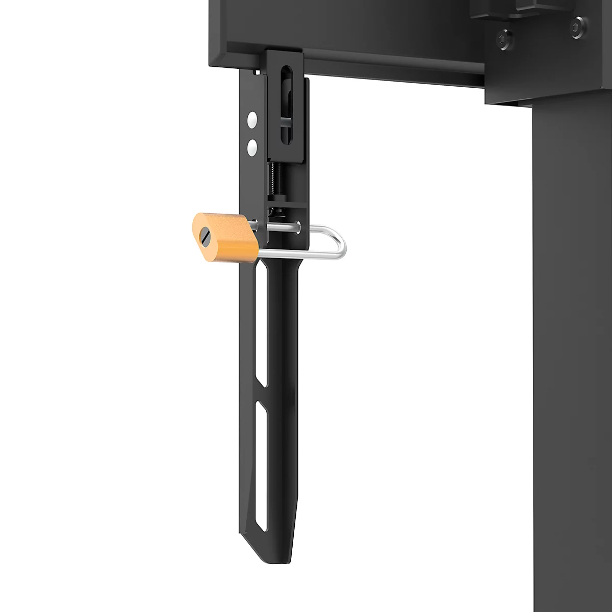 Support TV noir sur pied avec supports pour téléviseurs. Support avec montants verticaux et supports horizontaux.