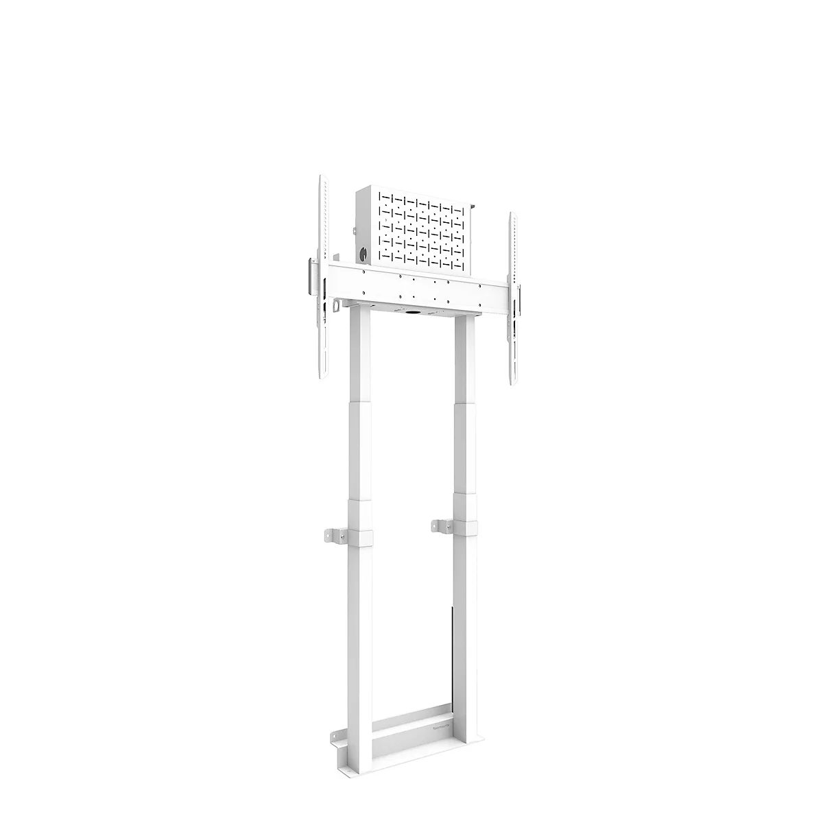Un support de télévision blanc avec un support vertical pour un écran.