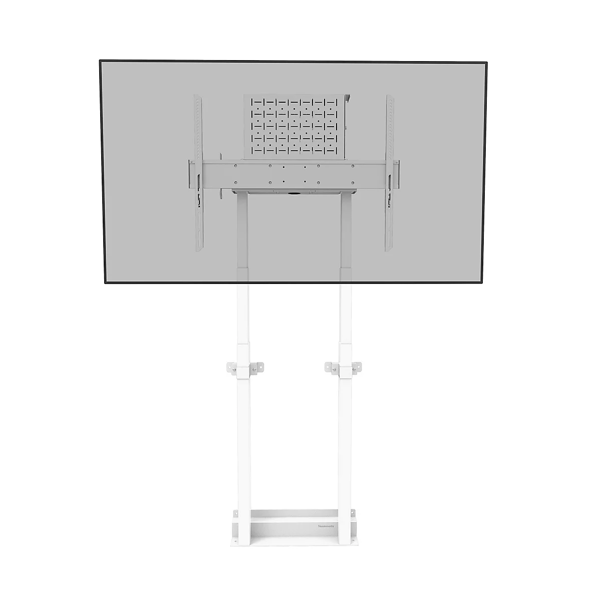 Téléviseur blanc sur pied blanc. Vue arrière avec supports et connexions.