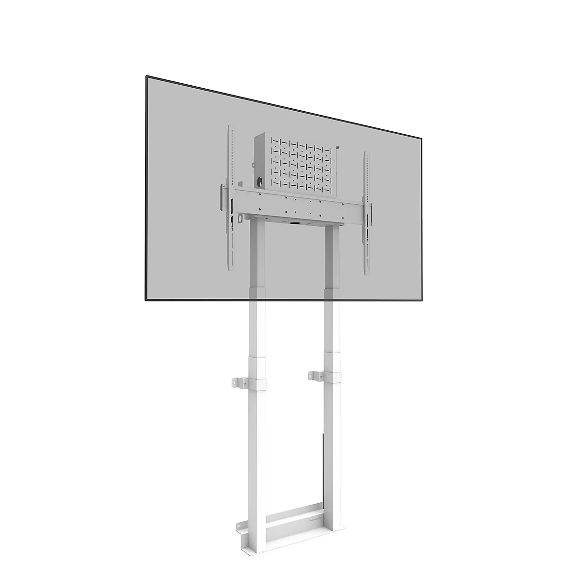 Dos d'un grand téléviseur gris clair sur un support blanc réglable en hauteur, sur fond blanc.