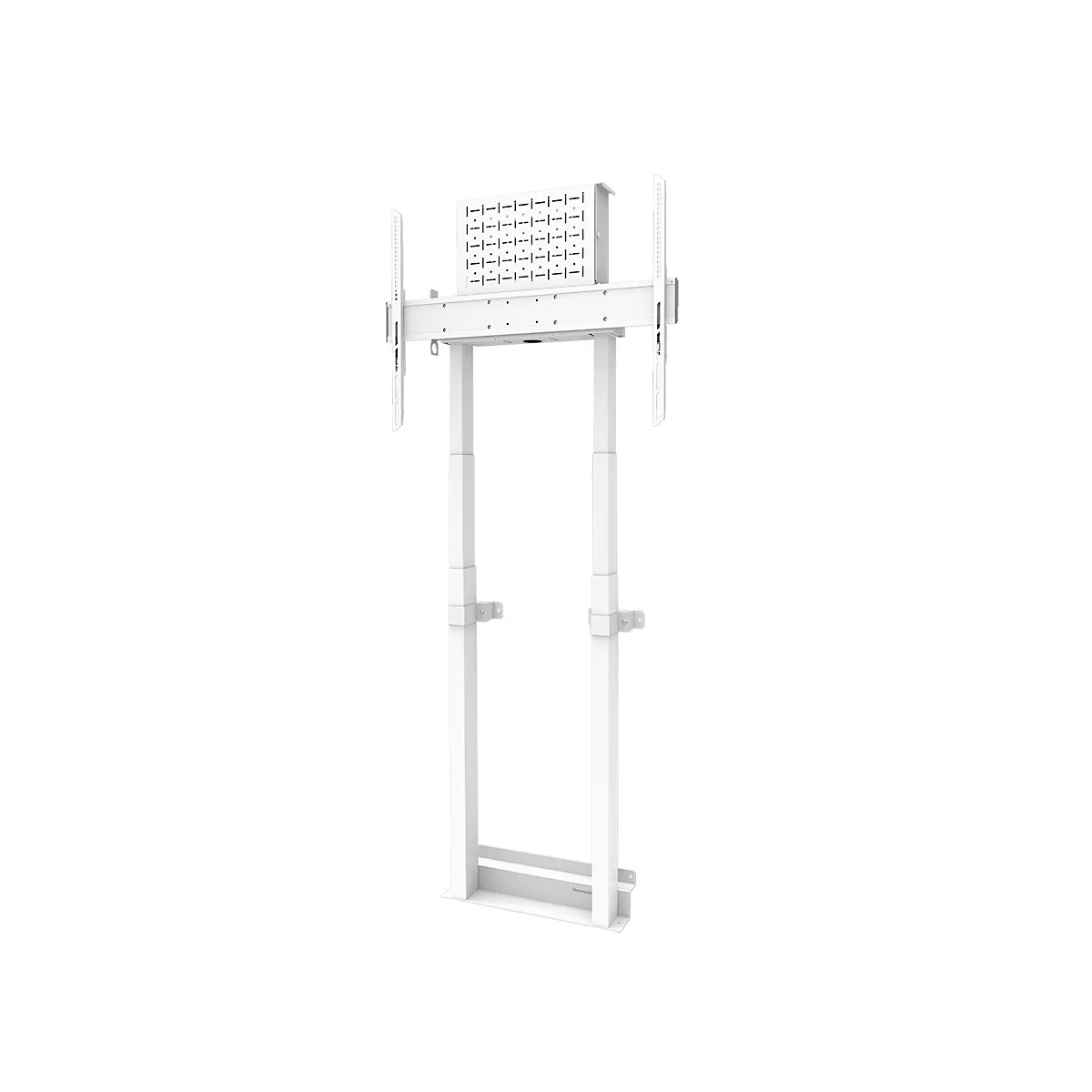Support d'écran blanc autoportant avec deux supports pouvant accueillir un écran.