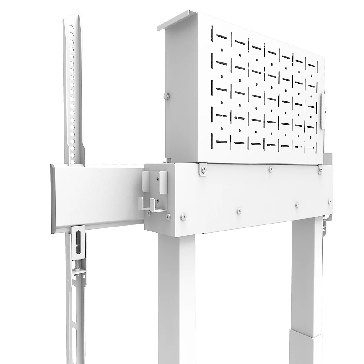 Cadre métallique blanc avec boîte perforée et supports. Plan détaillé.