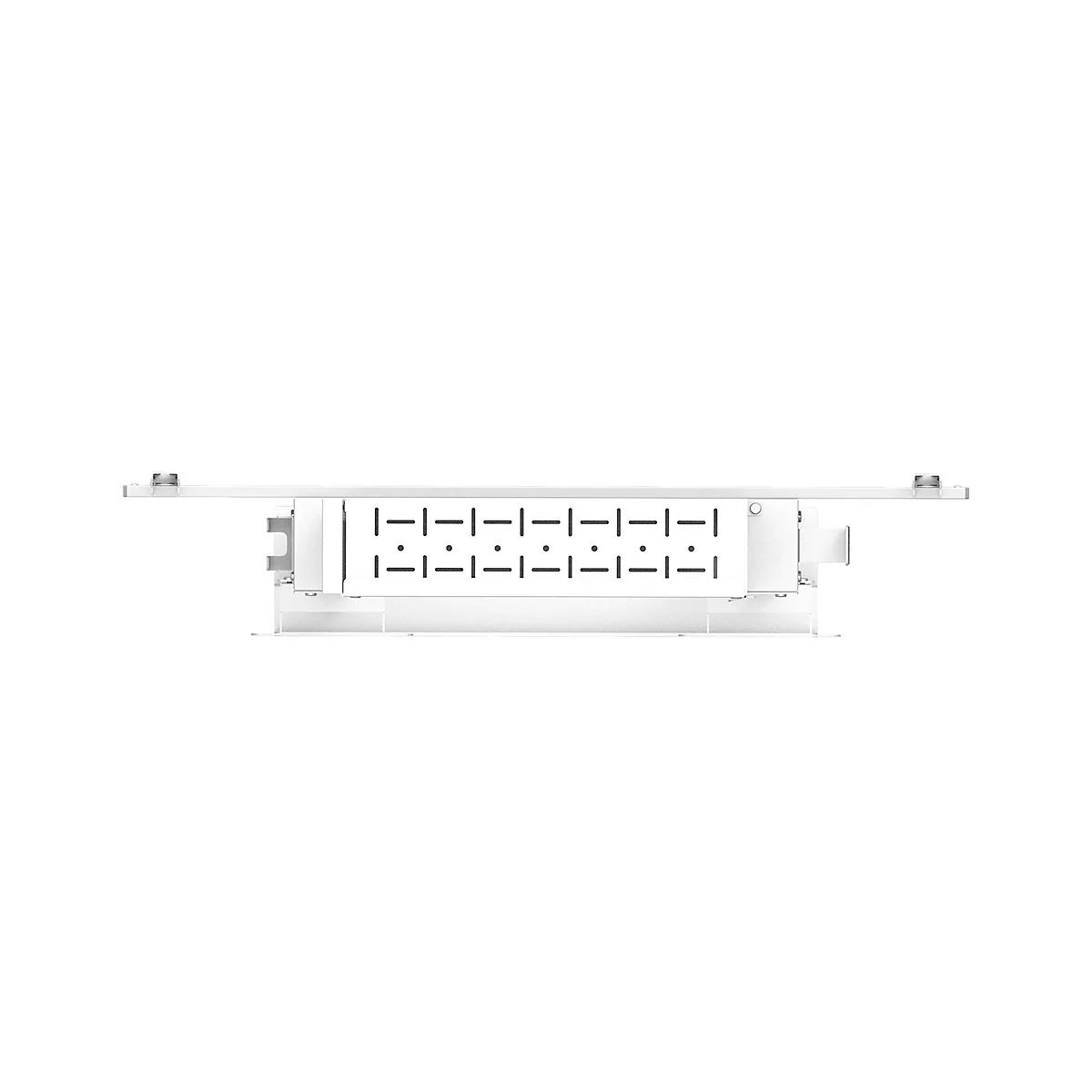 Dispositif rectangulaire blanc avec trous et tirets, pour montage mural.
