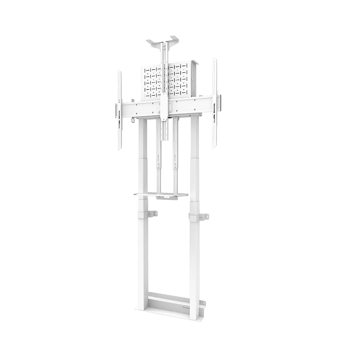 Support TV blanc, réglable en hauteur, avec support pour deux écrans, sur fond blanc.