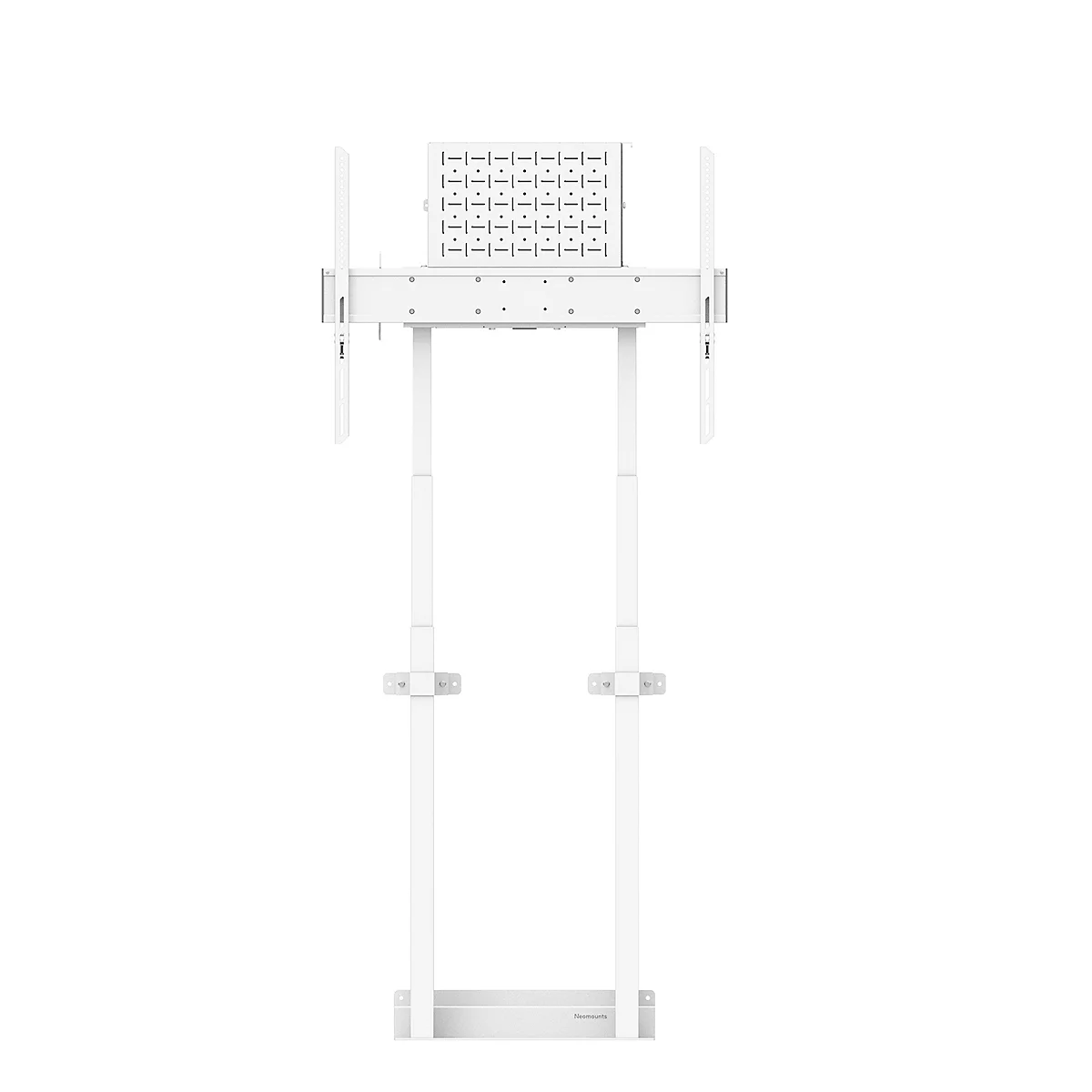 Un support TV blanc, autoportant. Il possède deux colonnes verticales, reliées par une base et un support pour maintenir le téléviseur.