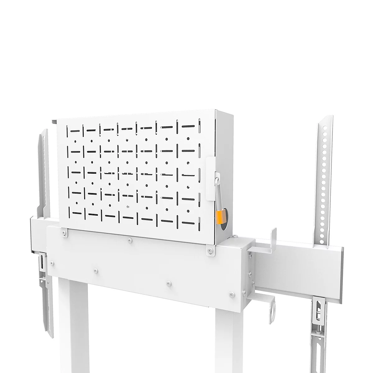 Un cadre métallique blanc avec un motif perforé sur un boîtier rectangulaire et divers supports. Un bouton jaune sur le côté.