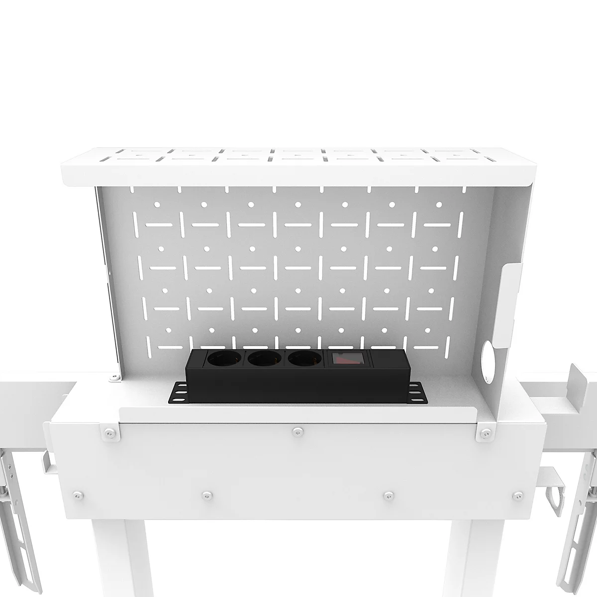 Bureau blanc avec multiprise intégrée. Vue détaillée des prises et du compartiment perforé.