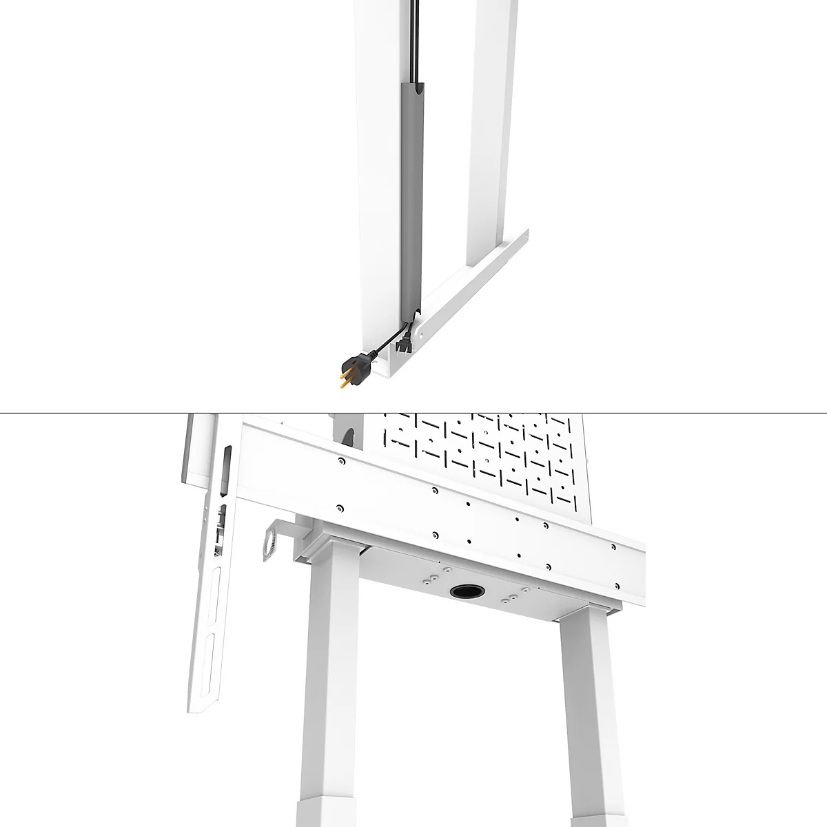 Gros plan d'un bureau blanc réglable en hauteur. Un câble d'alimentation avec prise est visible.