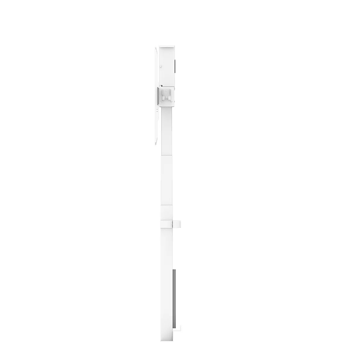 Support TV blanc sur fond neutre. Le support est allongé et possède un support pour le téléviseur.