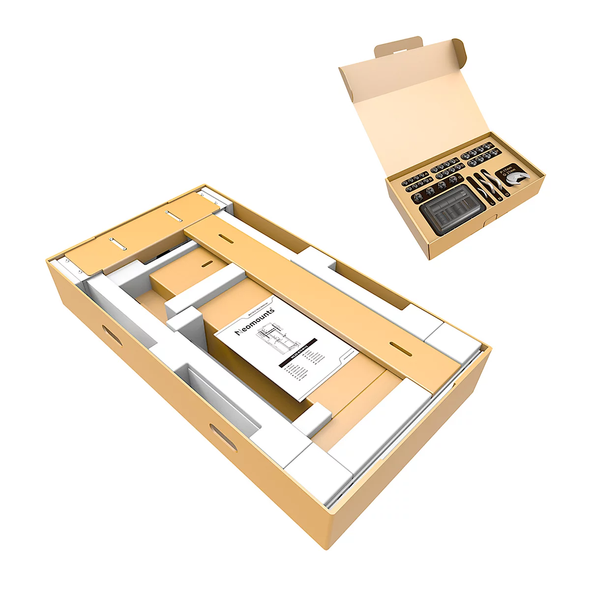 Produit emballé dans une boîte en carton, avec rembourrage en mousse. Une boîte séparée est ouverte.