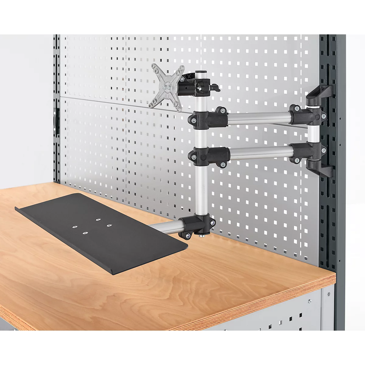 Support d'écran pour montage sur table AST31, avec tablette pour clavier, pivotant à 360°, inclinable, pivotant, VESA, plastique/aluminium, noir-argenté