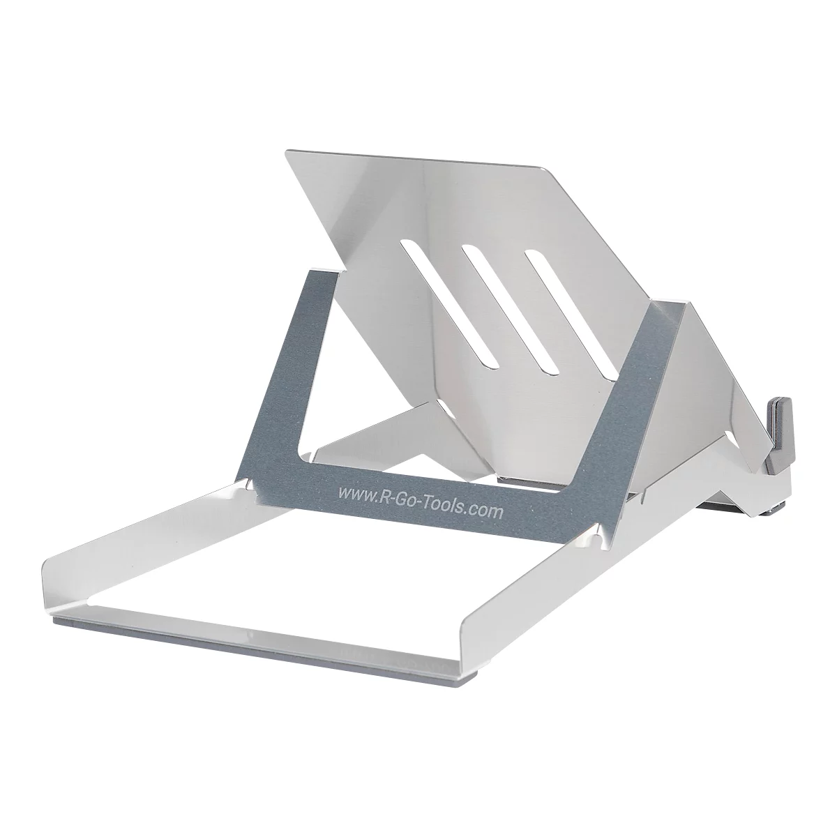 Un support d'ordinateur portable argenté incliné vers le haut. Il a une base, un dos fendu et l'inscription www.R-Go-Tools.com.
