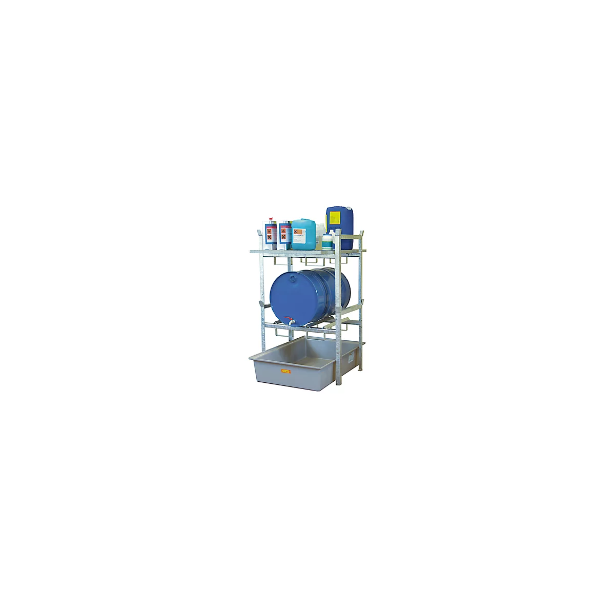 Support de fût type 400 variante 3 CEMO, bac de rétention, support de fût et de grille, L 990 x l 1280 x H 1620 mm