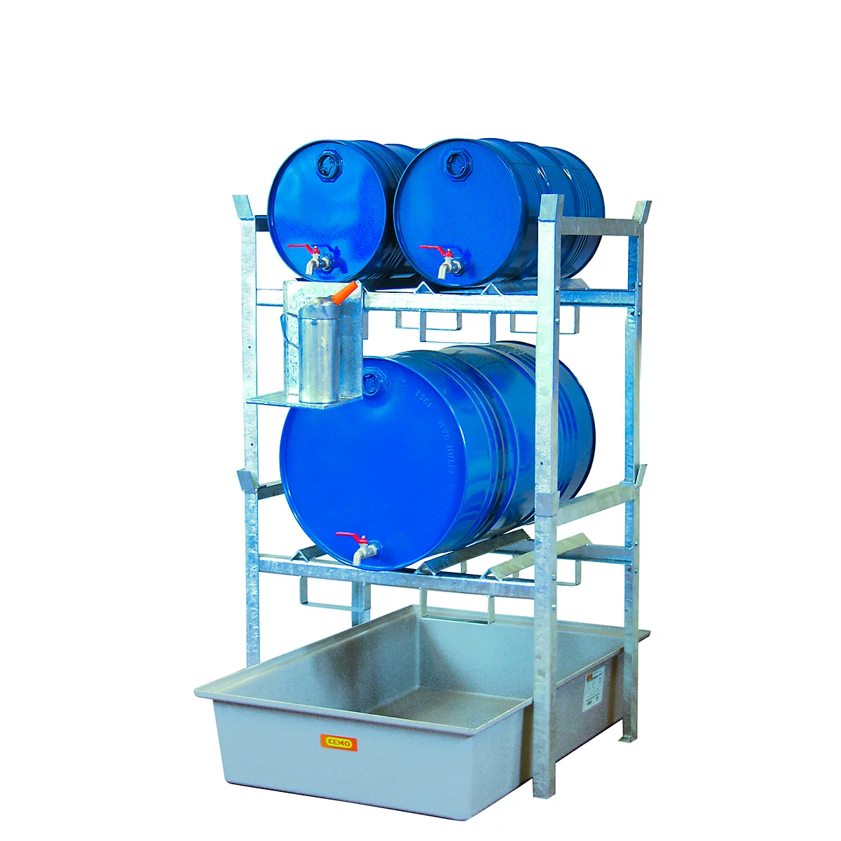 Support de fûts type 400 variante 2 CEMO, avec bac de rétention en PRV et support de fûts, L 990 x l 1280 x H 1620 mm
