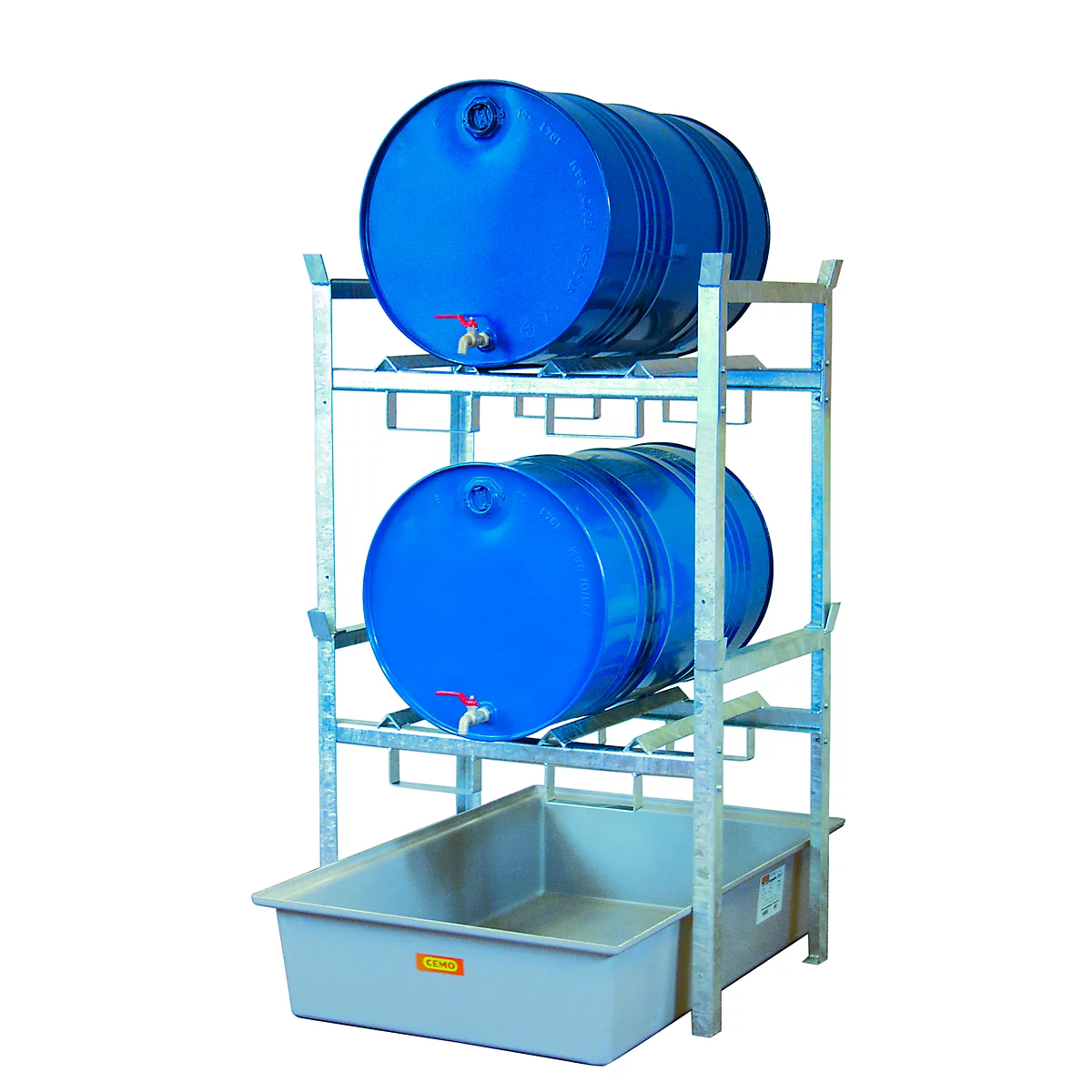 Support de fûts type 400 variante 2 CEMO, avec bac de rétention en PRV et support de fûts, L 990 x l 1280 x H 1620 mm