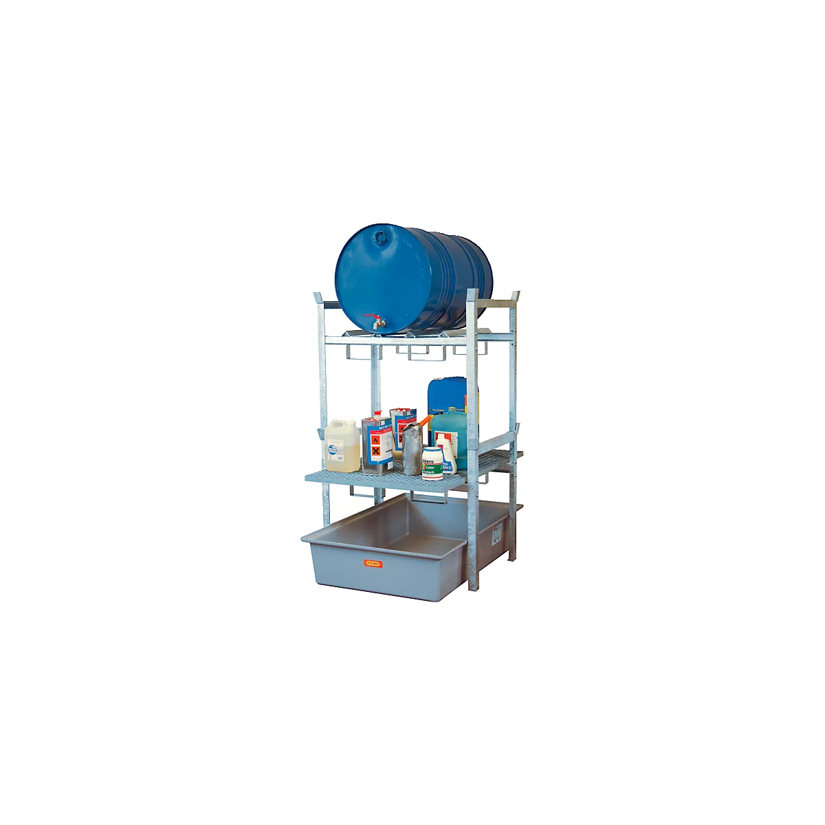 Support de fûts type 400 variante 3 CEMO, bac de rétention en PRV, pour 2 fûts de 60 I ou 1 fût de 200 I, support de fûts et de grilles